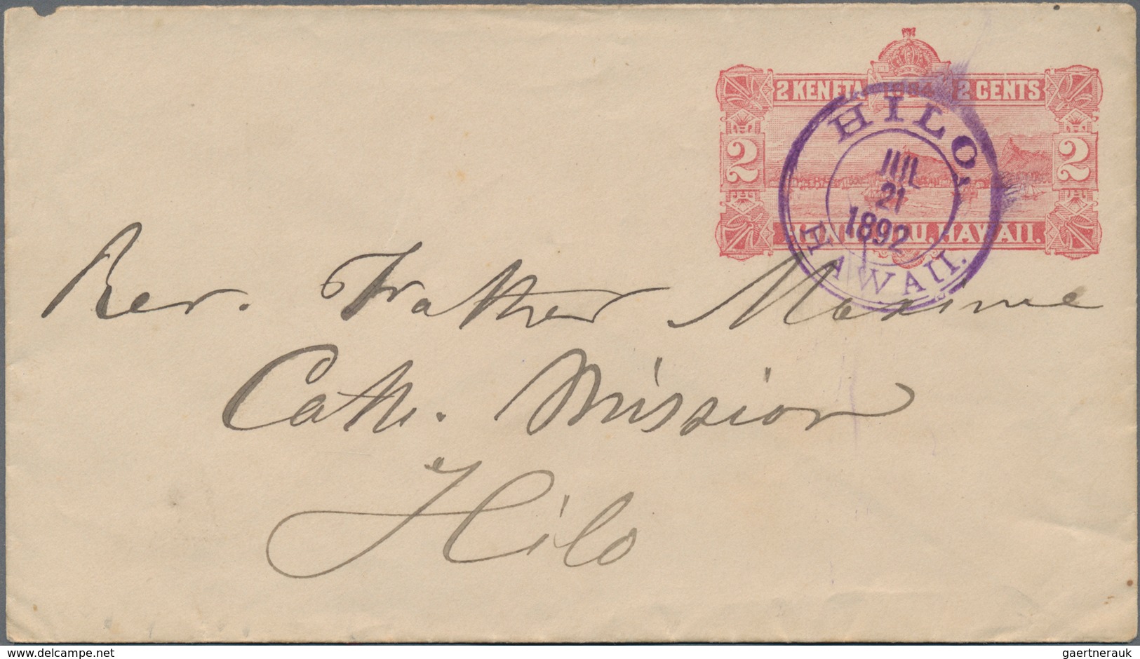 Hawaii - Ganzsachen: 1892 Postal Stationery Envelope 2c. (View Of Honolulu Harbor), Used In Hilo Loc - Hawai