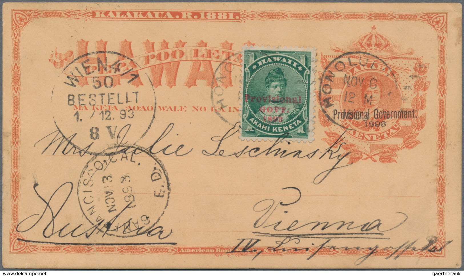 Hawaii - Ganzsachen: 1893/99, Two Stationery Cards Uprated Used Honolulu To Europe: Orange Card Resp - Hawaï