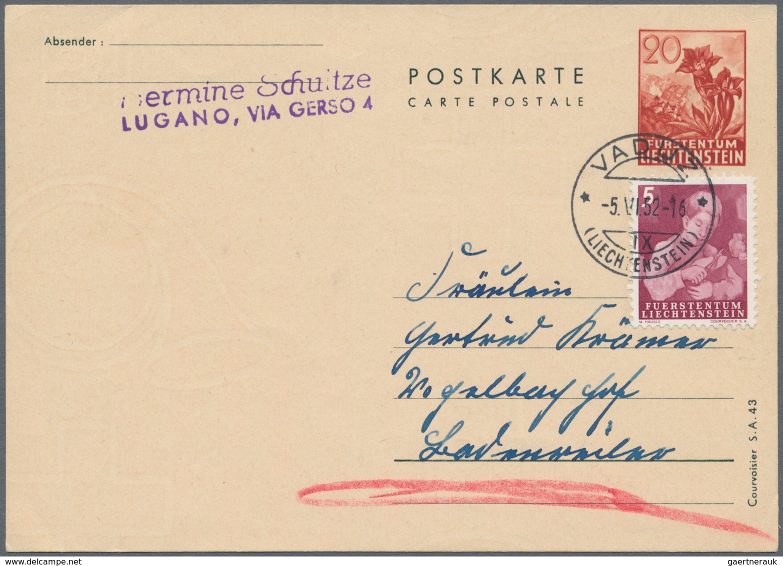 Liechtenstein - Ganzsachen: 1944, 20 Rp Braunrot 'Enzian' Ganzsachenkarte Ohne Bild, Druckvermerk 'C - Stamped Stationery