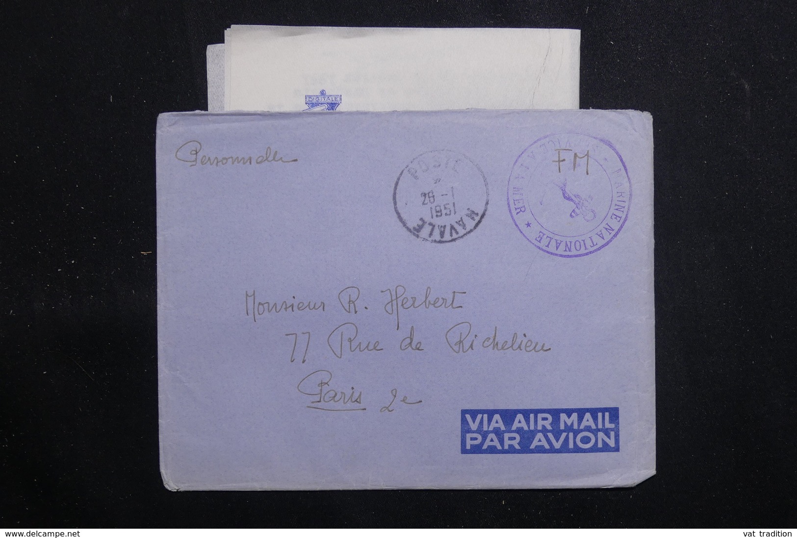 FRANCE - Enveloppe En FM Pour Paris En 1951 Avec Contenu ( De " La Digitale" à Saïgon ) - L 60743 - Poste Navale