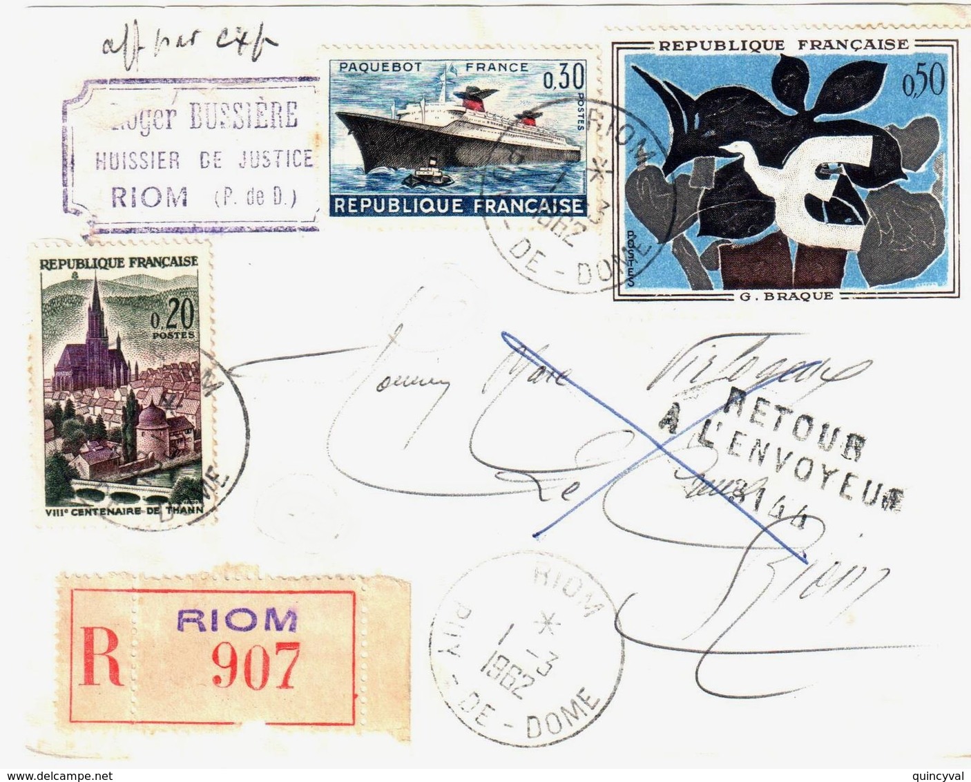 RIOM Puy De Dôme Lettre Recommand Dest Retour Envoyeur GC 3144 50c Braque 30c France 20c Thann Yv 1319 1325 1308 Ob 1962 - Covers & Documents
