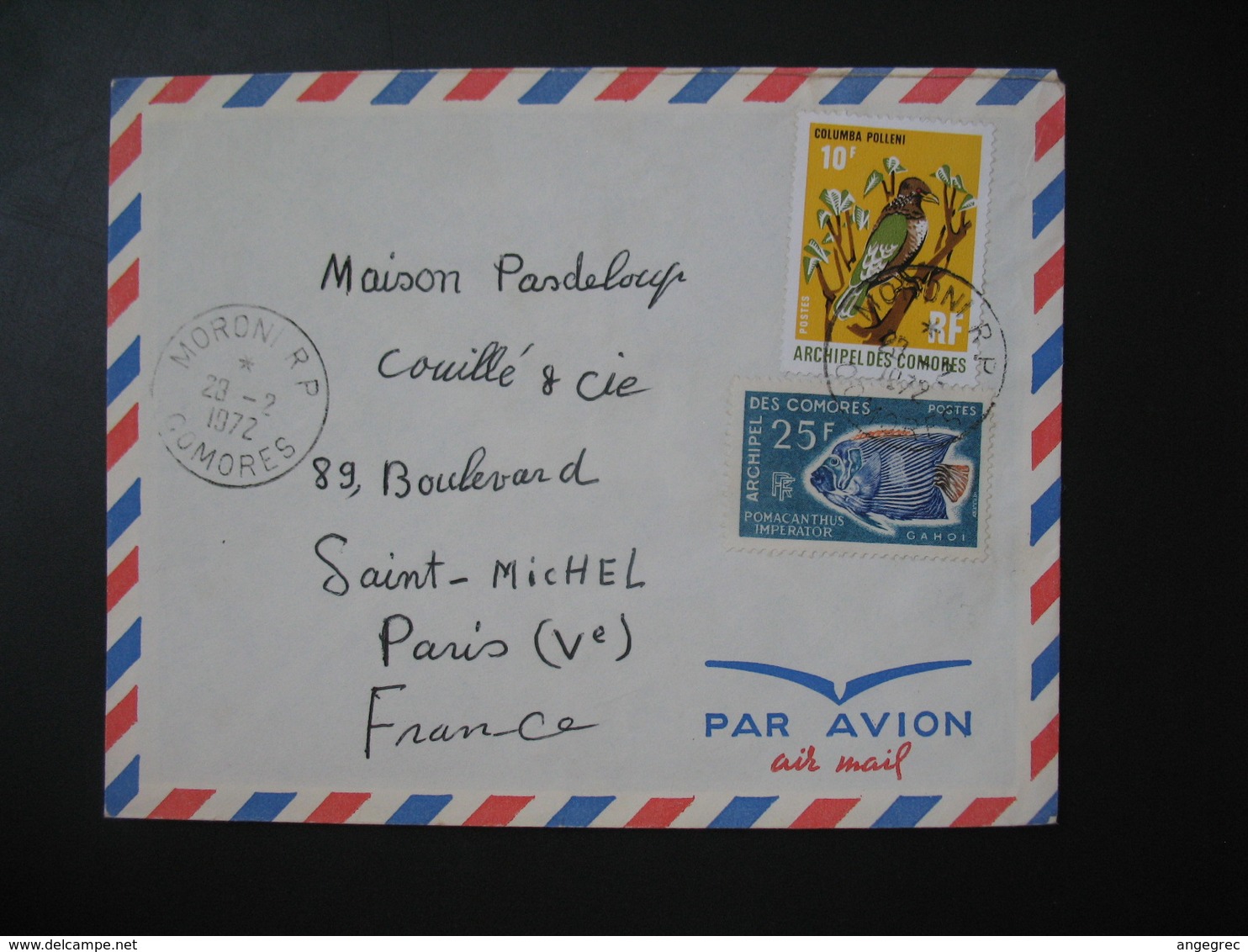 Lettre  Comores 1972  Pour La France  Cachet Moroni   TP  Poisson Pomacanthus Imperator & Oiseau Columba Polleni - Storia Postale