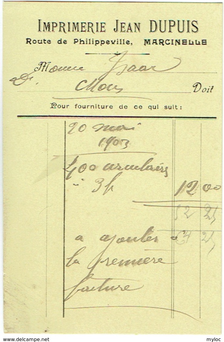 Imprimerie Jean Dupuis. Marcinelle. Note De 1903 - Printing & Stationeries