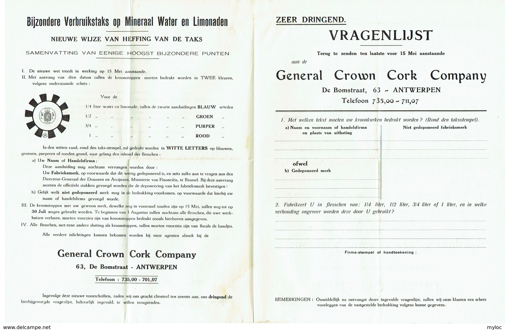 General Crown Cork Company. Anvers. Taxe Sur Eaux Minérales Et Limonades. Questonnaire Pour Bouchons Couronne. - Alimentare