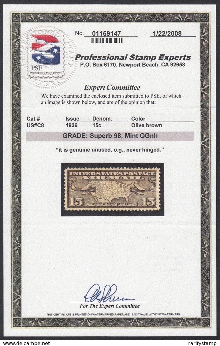 STATI UNITI 1927 POSTA AEREA UNIFICATO N. A8 SCOTT# C8 GRADE  SUPERB 98  MNH OG NH EXHIBITION QUALITY PSE CERTIFICATE - 1b. 1918-1940 Ungebraucht