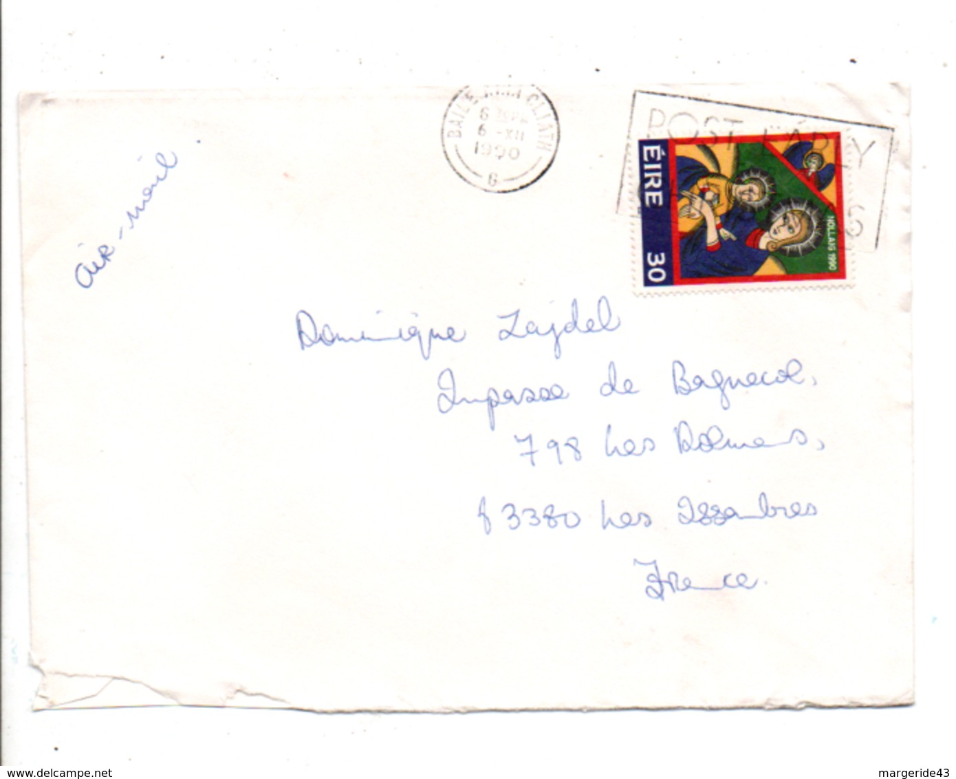 IRLANDE EIRE LETTRE POUR LA FRANCE 1990 - Cartas & Documentos