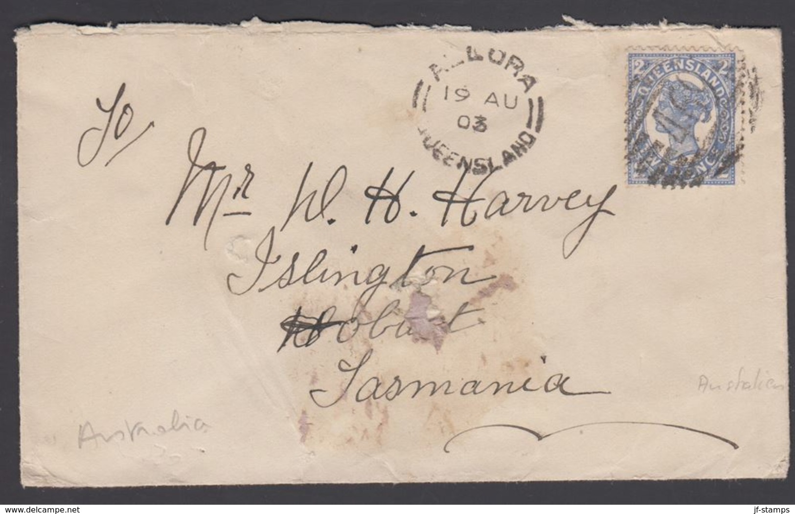 1903. QUEENSLAND AUSTRALIA  TWO PENCE VICTORIA To Hobart, Tasmania From __ALLORA QUEE... (MICHEL 96) - JF304908 - Covers & Documents