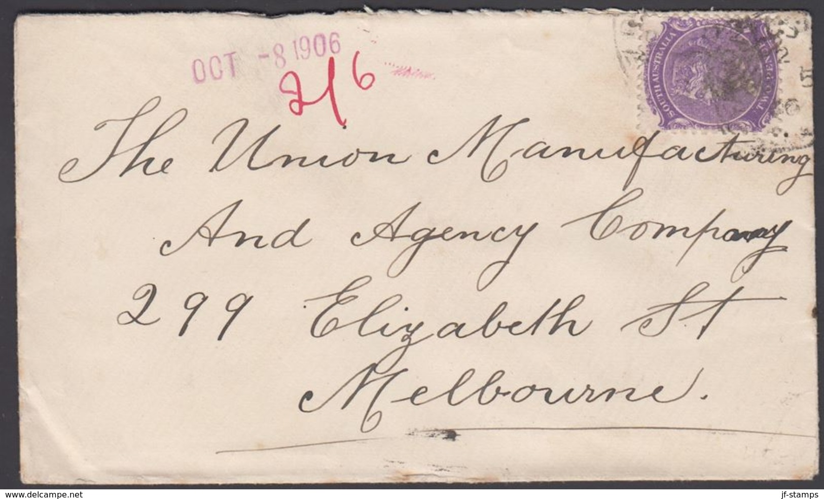 1906. SOUTH AUSTRALIA AUSTRALIA  TWO PENCE VICTORIA To Melbourne OCT - 8 1906. (MICHEL 81) - JF304912 - Cartas & Documentos