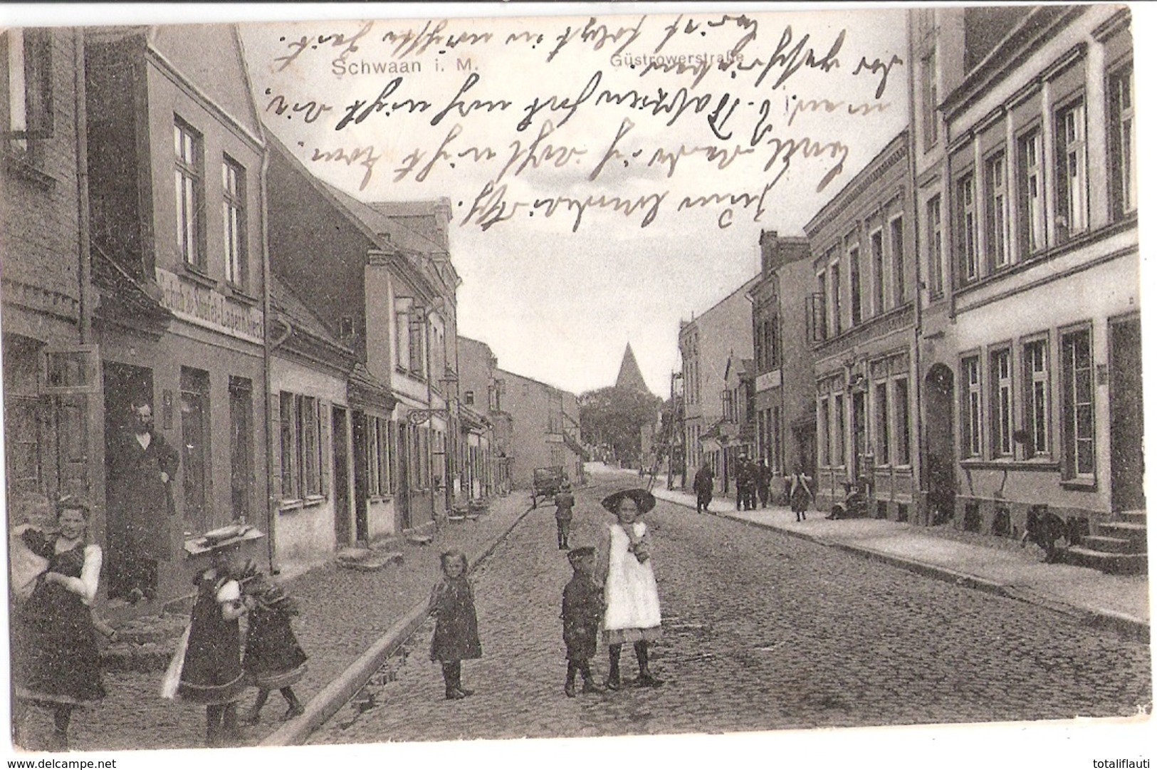 SCHWAAN Mecklenburg Güstrower Straße Belebt Schuh & Stiefellager H Sieck Gelaufen Mit BahnPost 1912 - Bützow