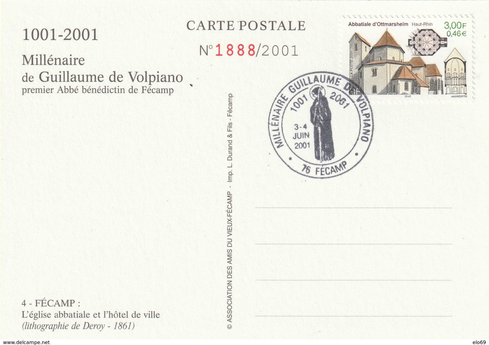 FECAMP Millénaire De Guillaume De Volpiano 3 Et 4 Juin 2001  L'Eglise Abbatiale Et L'hôtel De Ville  ( Avec Tampon ) - Fécamp