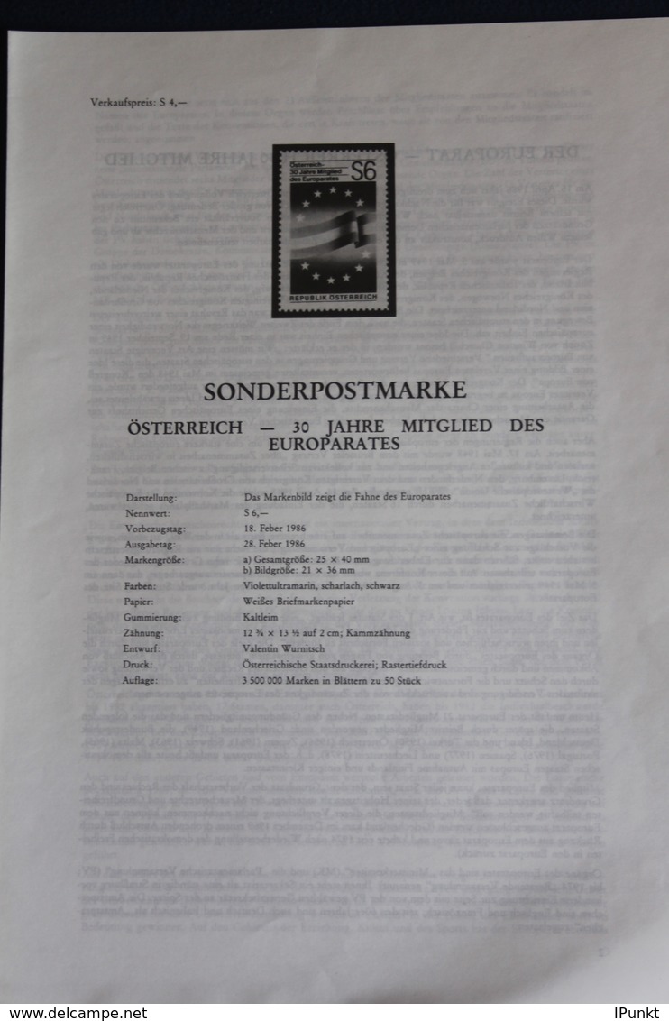 Österreich-30 Jahre Mitglied Des Europarates,  28.2.1986; Legende, Erläuterungsblatt - Other & Unclassified