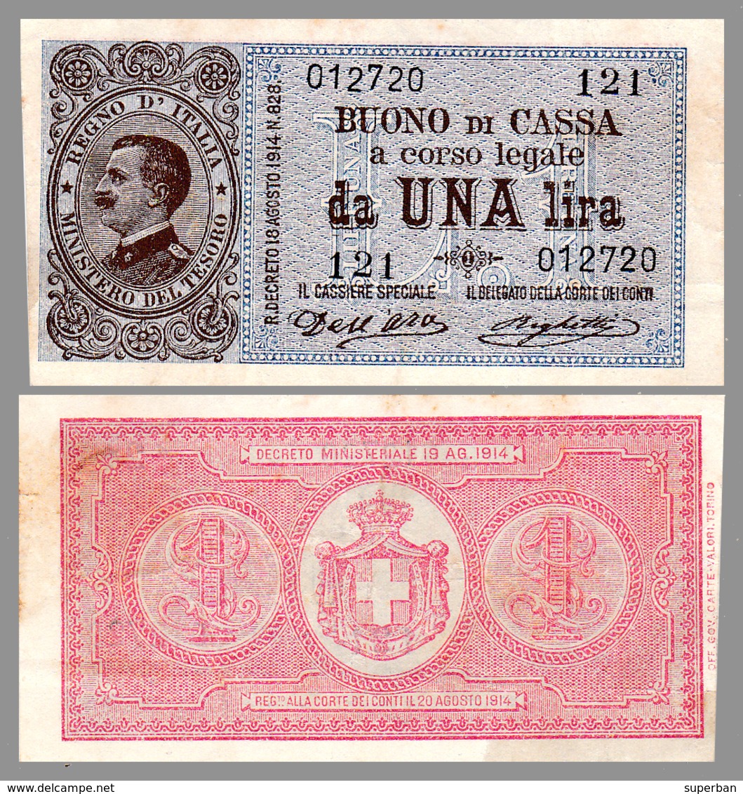 REGNO D'ITALIA / MINISTERO DEL TESORO : BUONO Di CASSA Da UNA LIRA -  DECRETO MINISTERIALE - 19 AG. 1914 - RRR ! (ae761) - Italia – 1 Lira