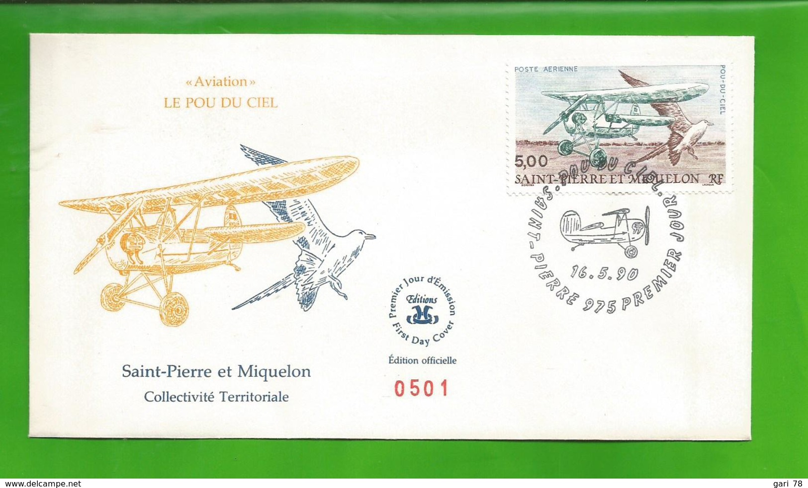 "Aviation" LE POU DU CIEL - SAINT PIERRE Et MIQUELON. N°501 - FDC -  Enveloppe 1er Jour Du 16 Mai 1990. - FDC
