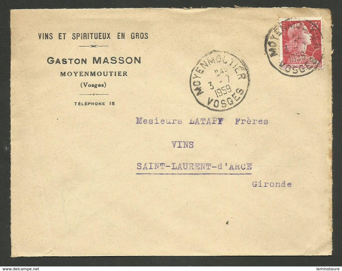 88 - VOSGES / Enveloppe Commerciale " Vins & Spiritueux G. MASSON " à MOYENMOUTIER / 1959 - 1921-1960: Modern Period