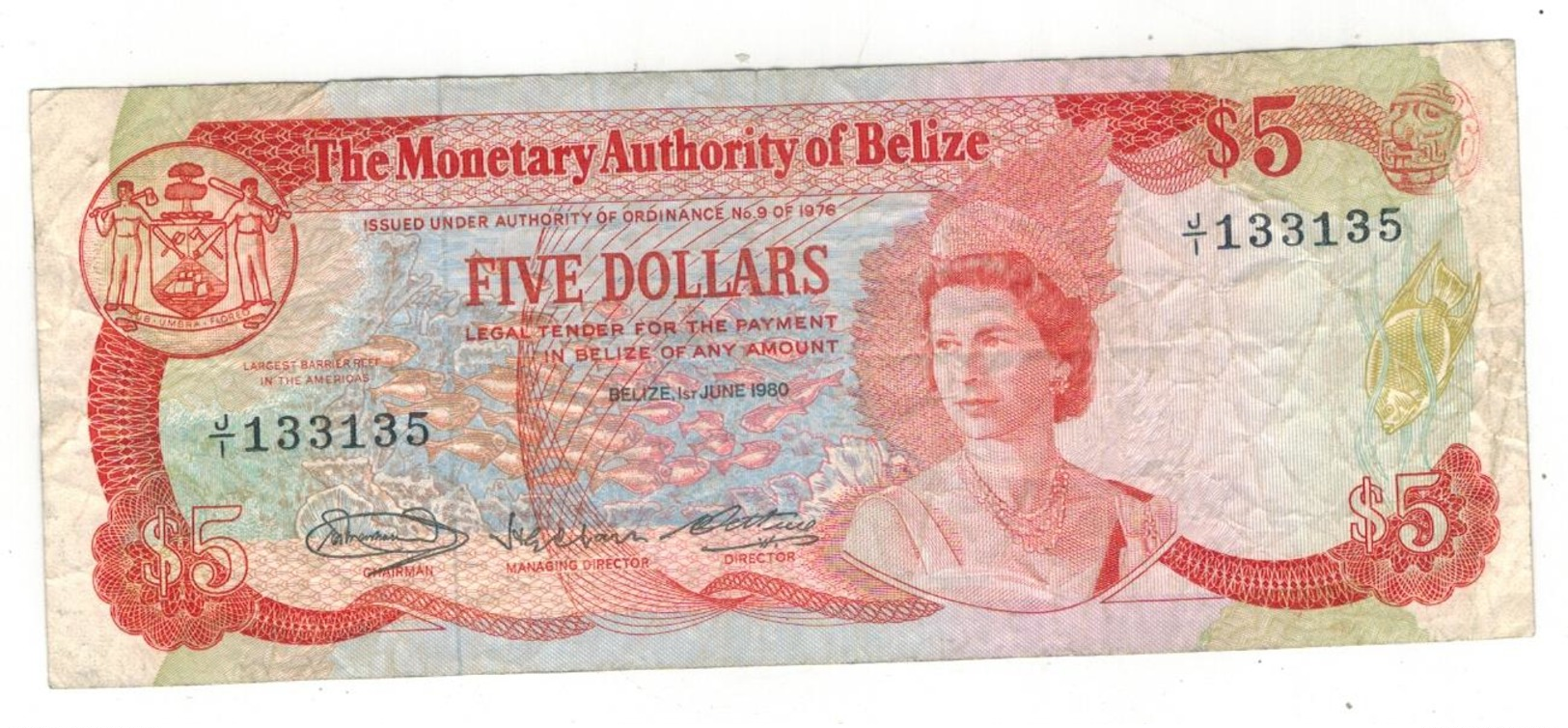 BELIZE, 5 Dollars 1980, F/VF, Rare. - Belize