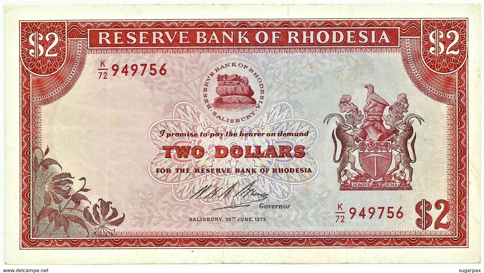 Rhodesia - 2 Dollars - 1973.06.29 - P 31.g - Serie K/72 - Sign. 1 - Rhodesia