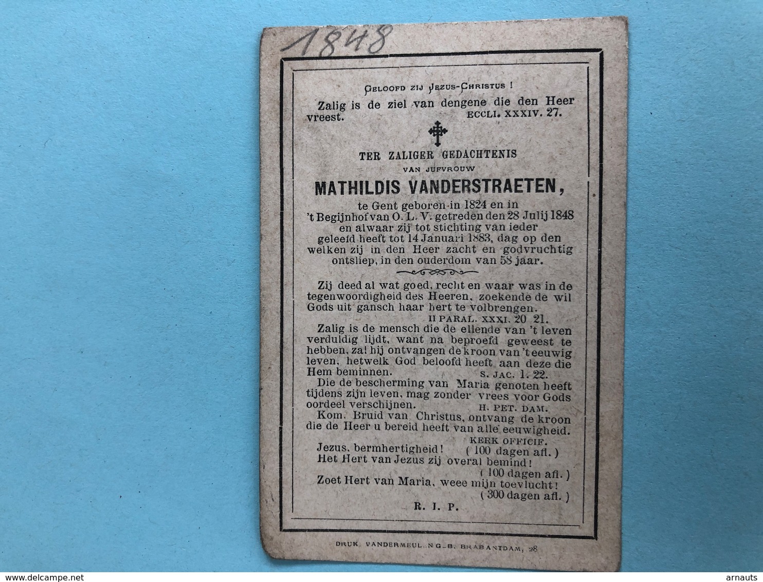 Begijn Begijntje Vanderstraeten Mathildis *1824 Gent +1883 Begijnhof OLV Gent - Obituary Notices