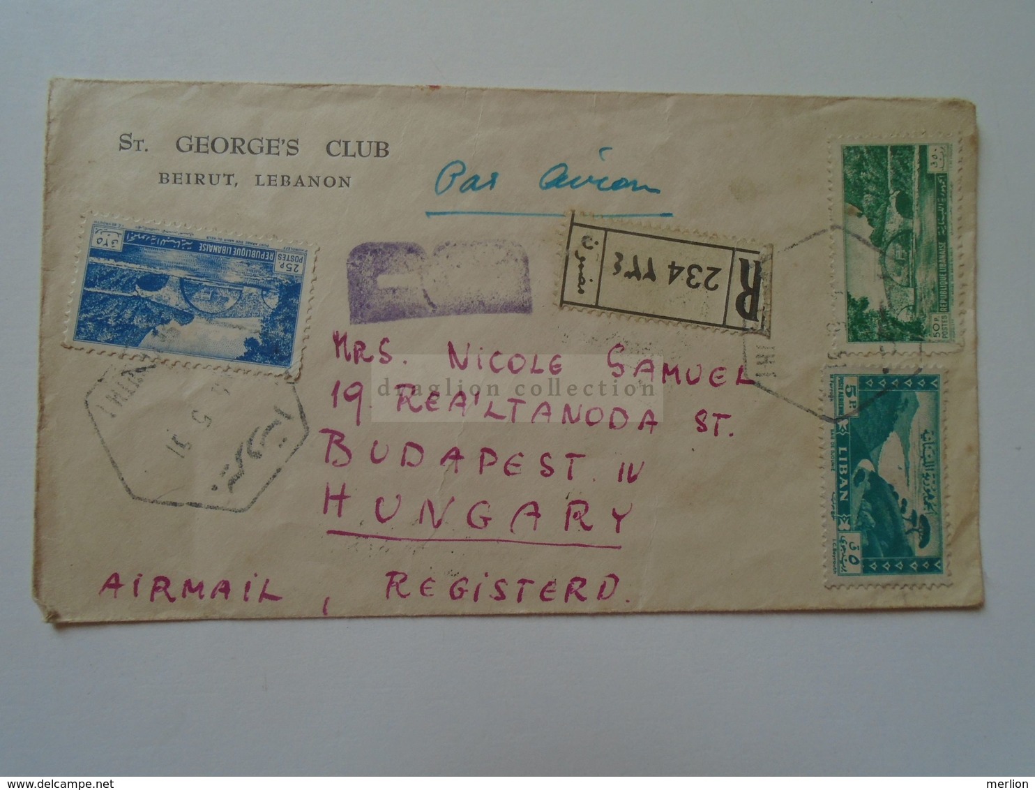 ZA276.1  LEBANON  LIBAN  -  Registered Cover  1950's  Stamps Bridges - Hexagonal Cancel Beyrouth St. Georges Club - Liban