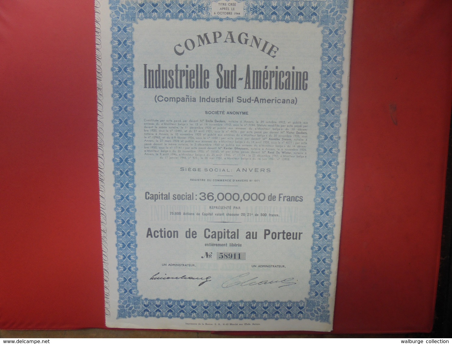 Titre Compagnie Industrielle Sud-Américaine Anvers 1944 - S - V