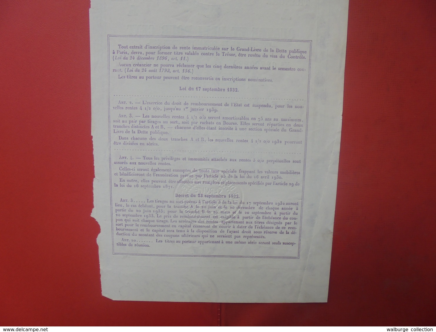 République Française Paris 1932 Dette Publique 4,50 Francs - Zonder Classificatie