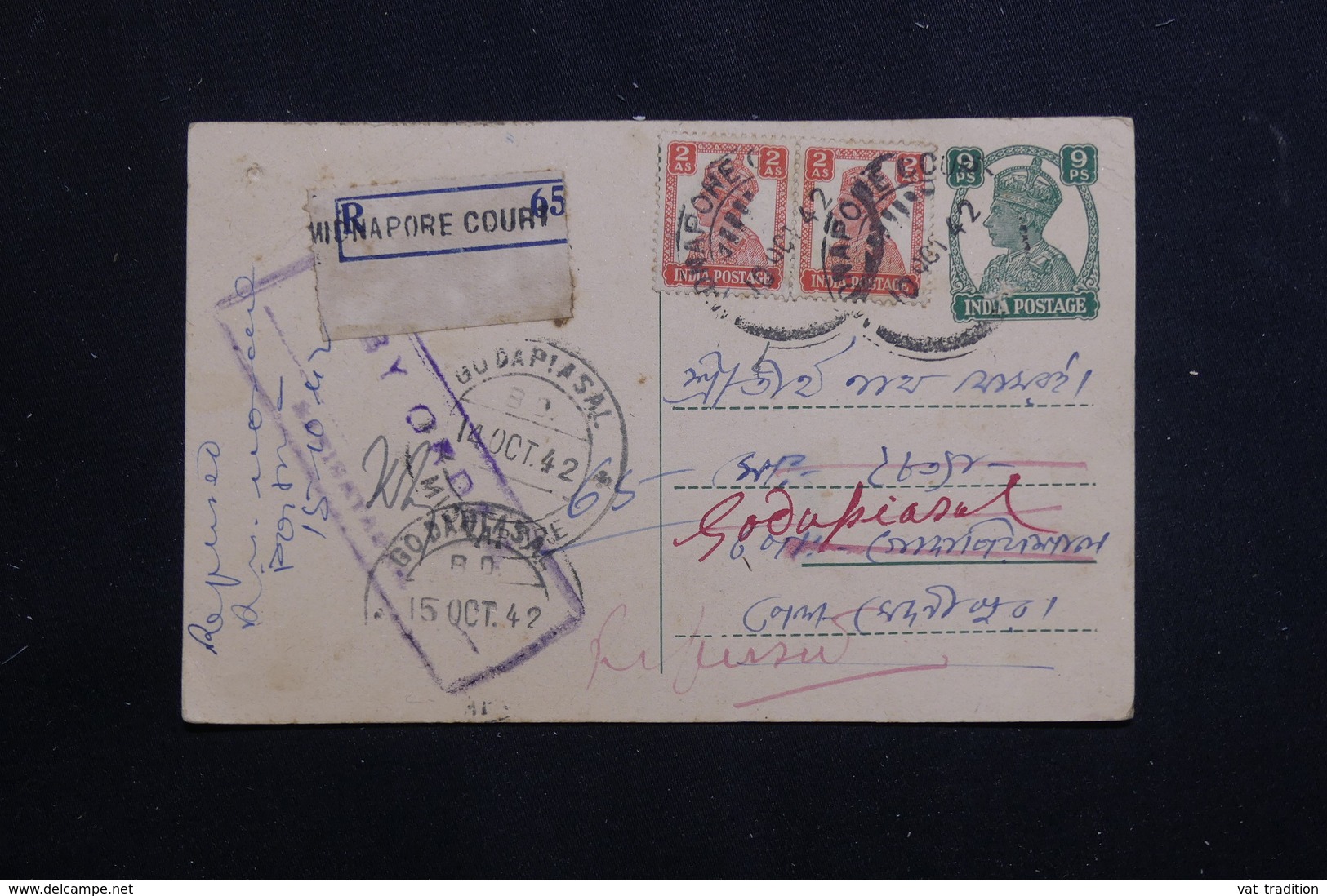 INDE - Entier Postal + Compléments De  Midnapore Pour Godapiasal En 1942 Avec Contrôle Postal - L 60801 - 1936-47  George VI