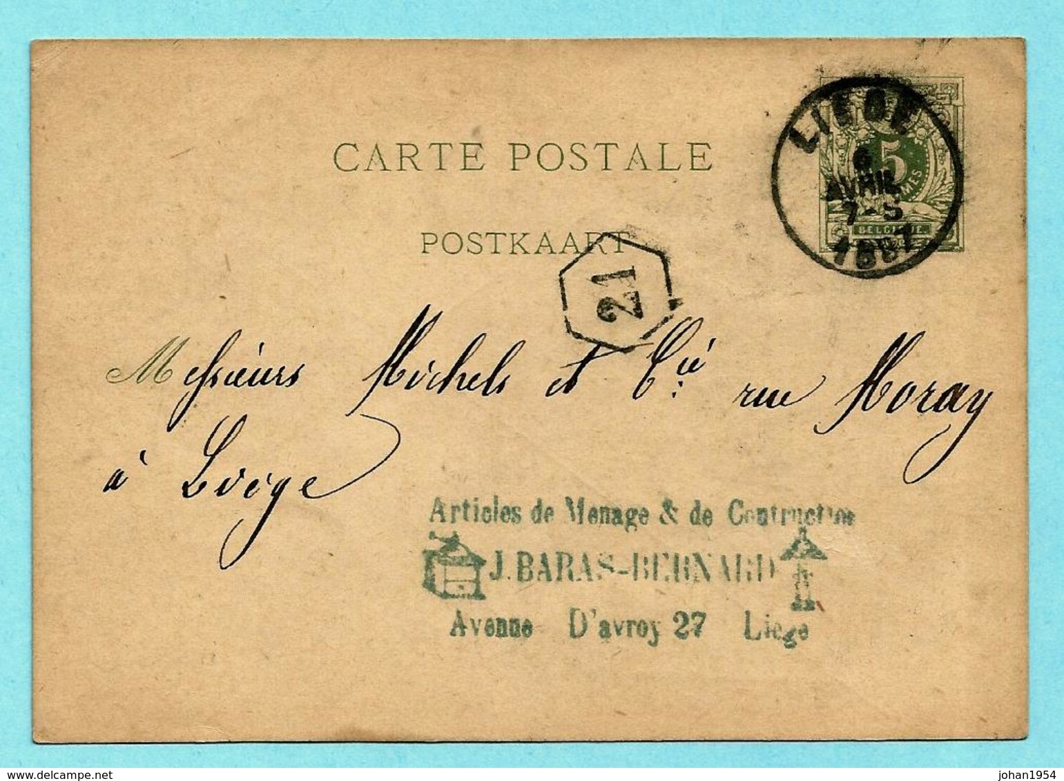 Postkaart, Afst. LIEGE 06/04/1887, Afz.: J. Baras -- Afbeelding KOFFIEMOLEN / MOULIN A CAFé - Cartoline 1871-1909