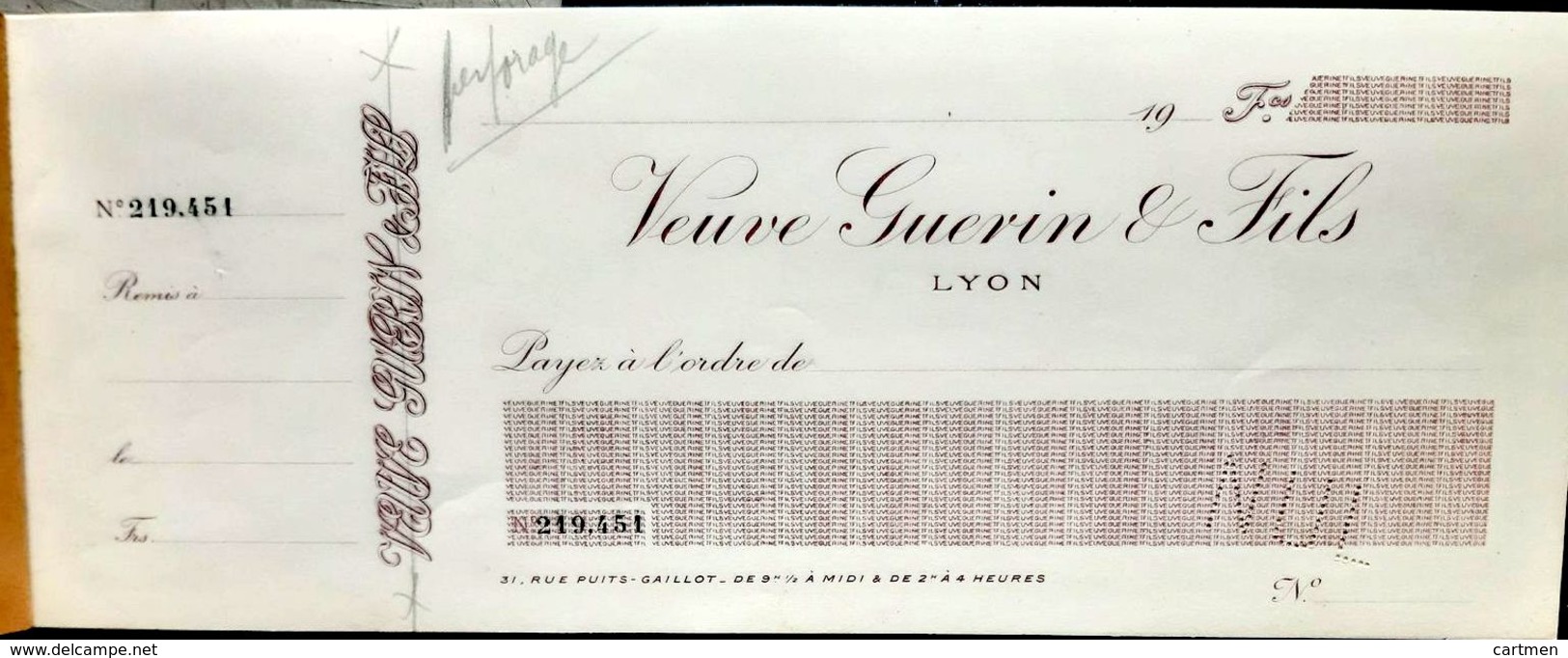 69 LYON VEUVE GUERIN CHEQUIER VIERGE ANNEES 1930 TRES BEL ETAT - Cheques & Traveler's Cheques