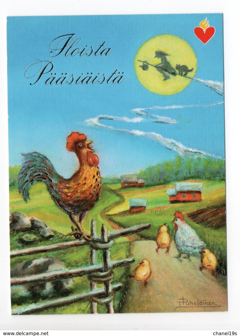 Postal Stationery HEART ASSOCIATION - FINLAND - Postage Paid - EASTER - USED  - EASTER WITCH - CHICKENS - STAMP ROOSTER - Postal Stationery