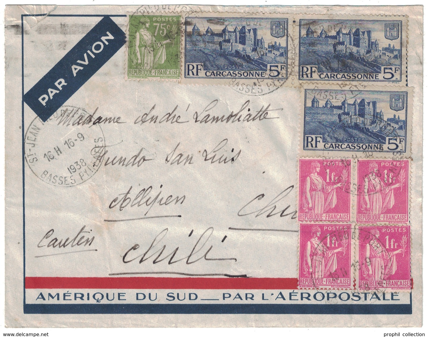 1938 - AFFRANCHISSEMENT MULTIPLE CARCASSONNE PAIRES PAIX Sur LETTRE PAR AVION Pr LE CHILI ÉTRANGER CAD ST JEAN PYRÉNÉES - 1921-1960: Modern Period