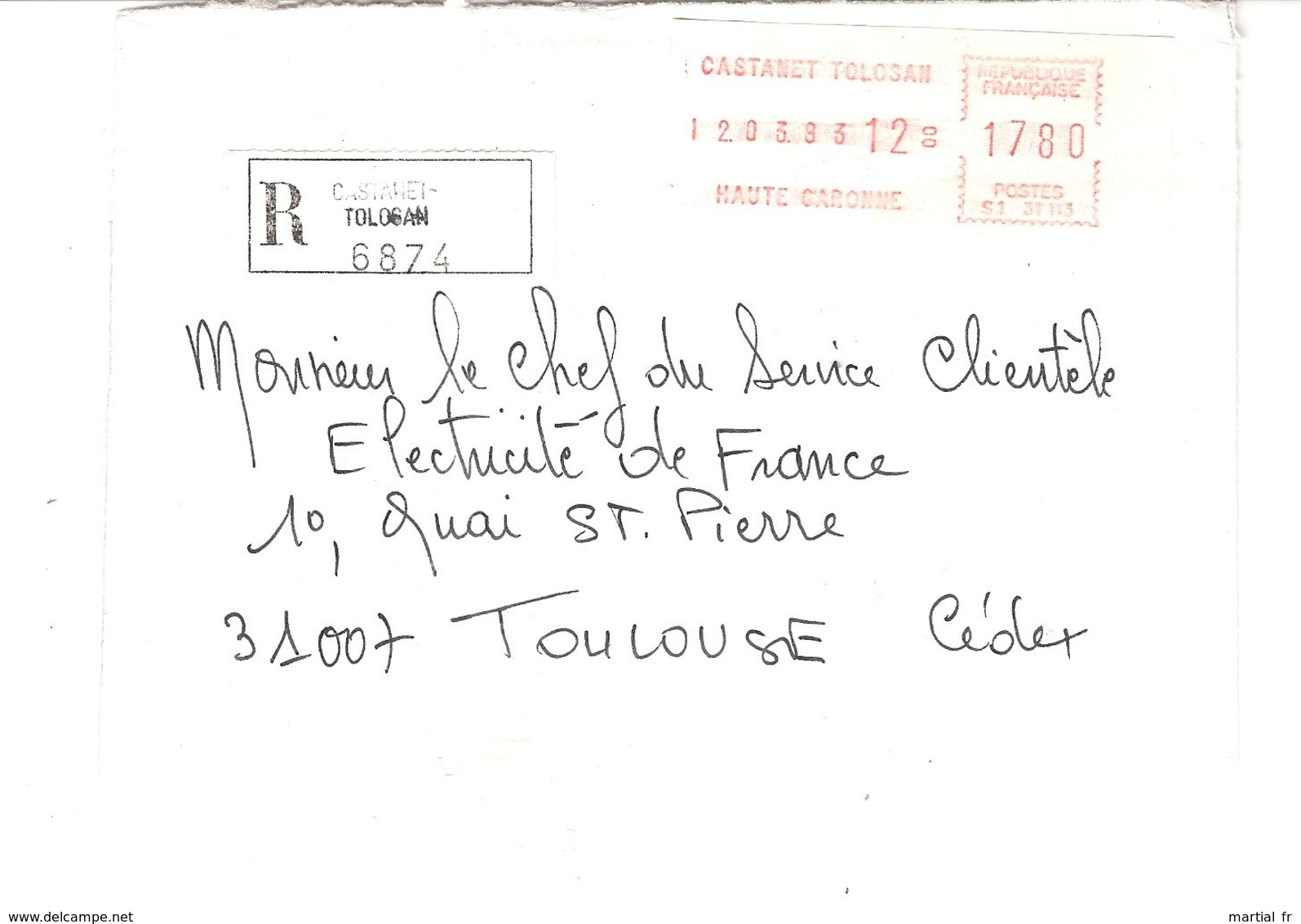 Vignette MOG Guichet HAUTE GARONNE 1983 CASTANET TOLOSAN LETTRE RECOMMANDEE EINSCHREIBEN REGISTERED COVER AR - 1981-84 LS & LSA Prototipos