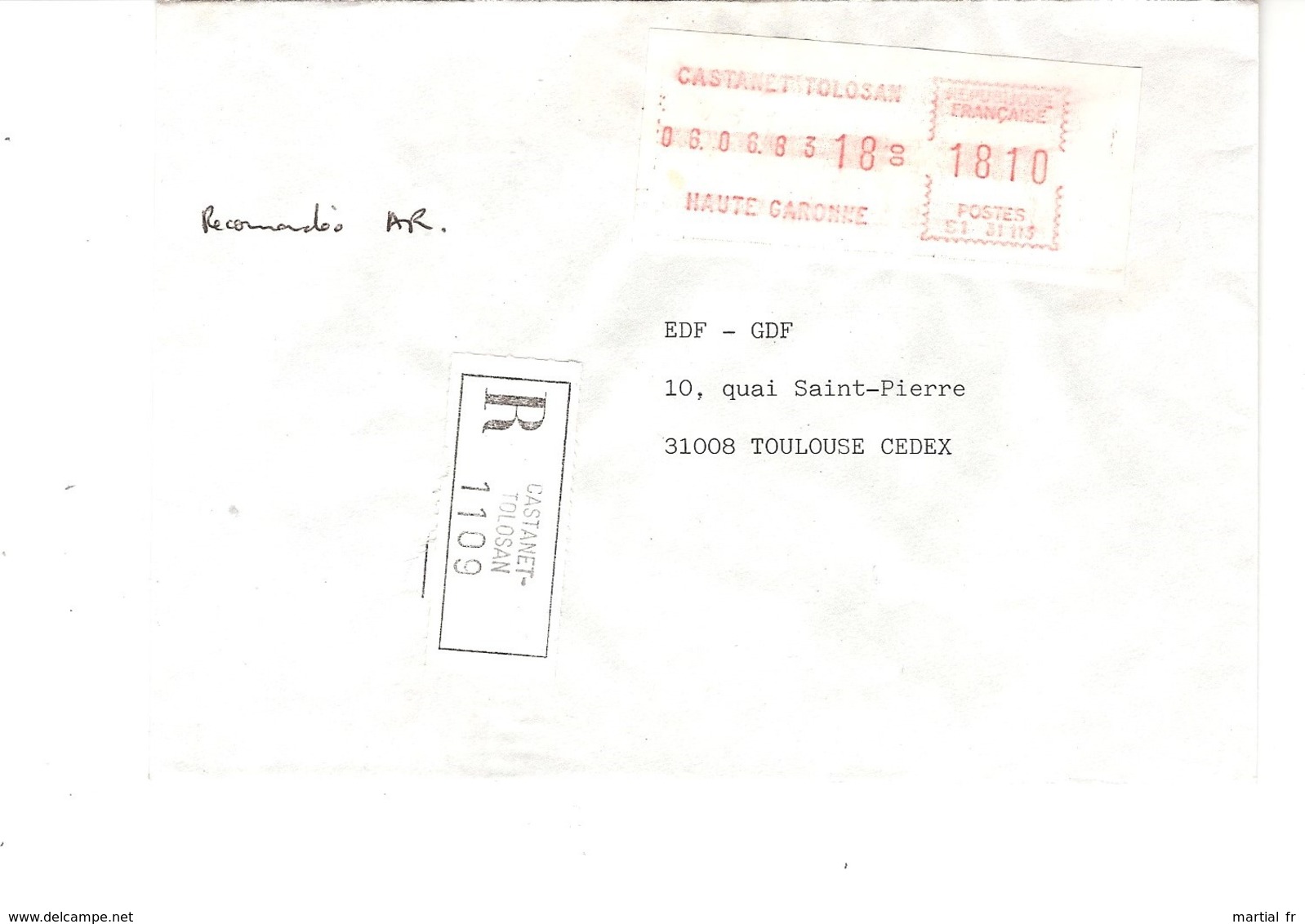 Vignette MOG Guichet HAUTE GARONNE 1983 CASTANET TOLOSAN LETTRE RECOMMANDEE EINSCHREIBEN REGISTERED COVER AR - 1981-84 LS & LSA Prototypen