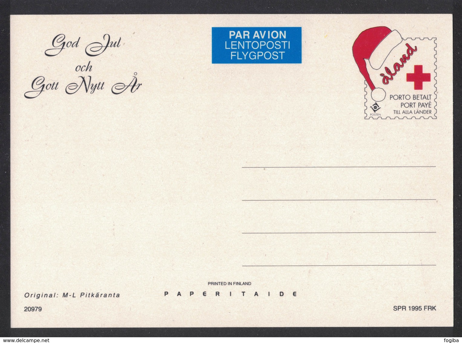 IC97    Aland 1995 Postal Stationary, Port Payé, Red Cross Christmas - Inused - Rotes Kreuz