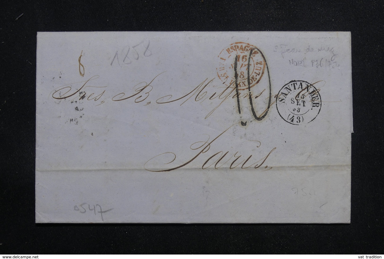 ESPAGNE - Lettre De Santander Pour Paris En 1858, Cachet D'entrée Par St Jean De Luz - L 60836 - Briefe U. Dokumente