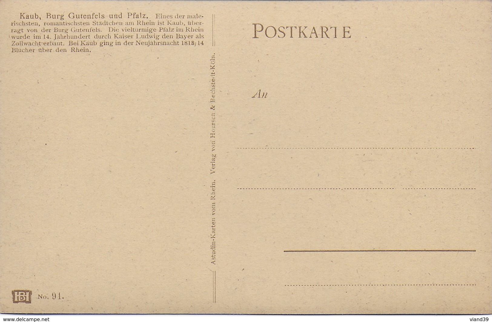 Kaub - Burg Gutenfels And Pfalz  - Kunstlerkarte - Carte Illustrateur :  N. Von Astudin - Kaub