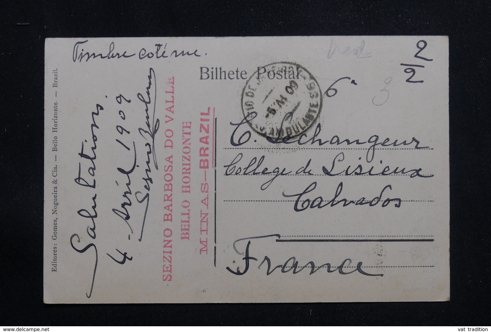 BRÉSIL - Affranchissement Plaisant Sur Carte Postale Pour La France En 1909 - L 60877 - Storia Postale