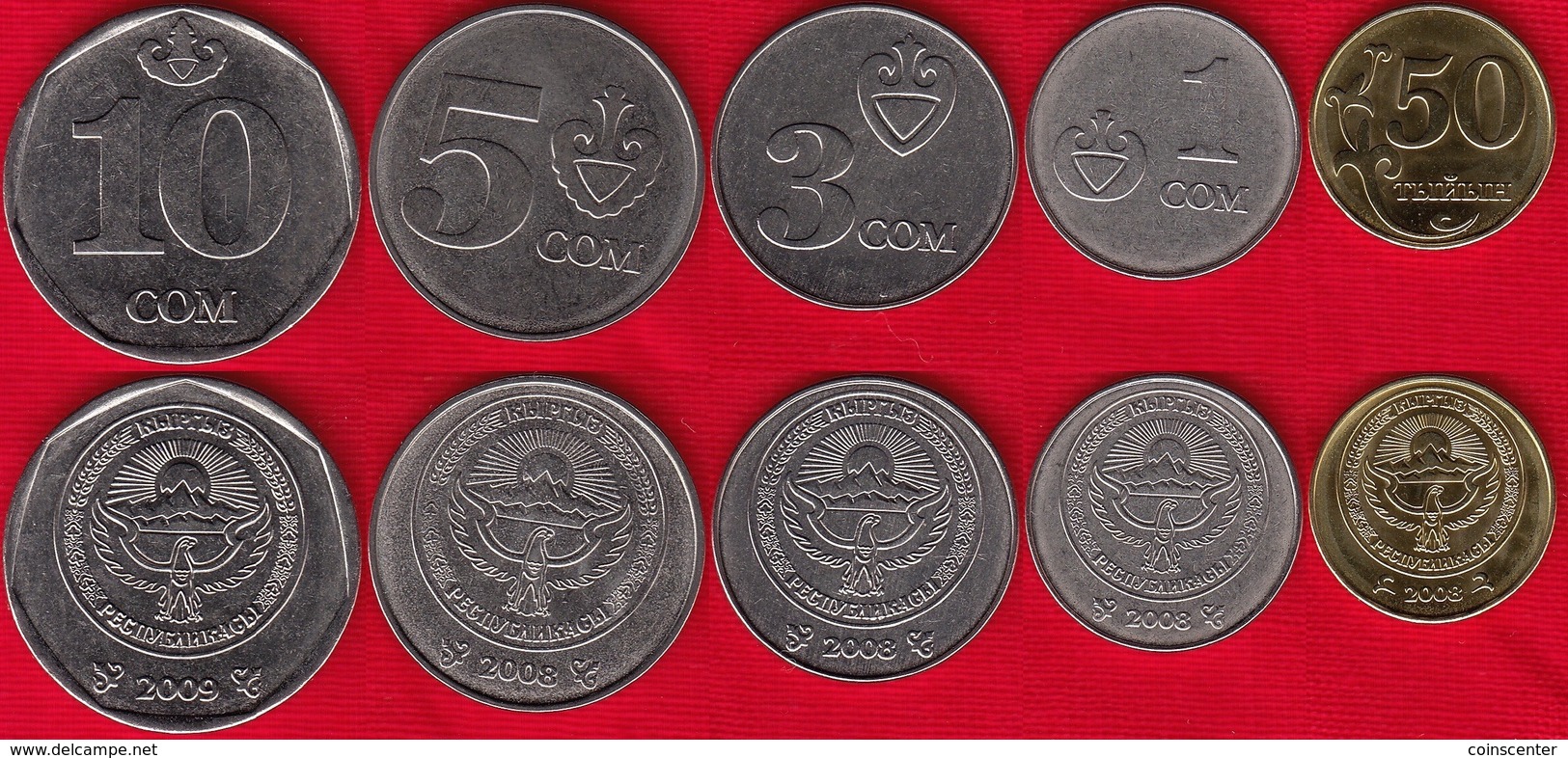 Kyrgyzstan Set Of 5 Coins: 50 Tyiyn - 10 Som 2008-2009 UNC - Kyrgyzstan