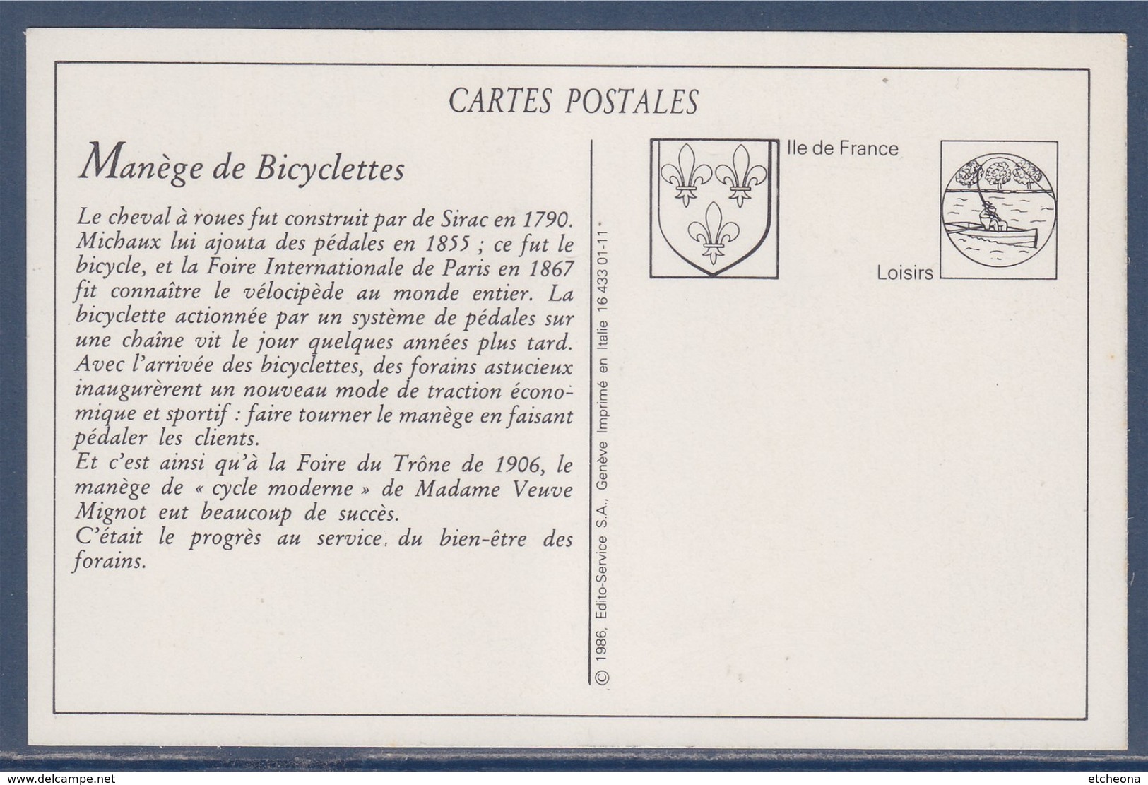 Manège à Bicyclettes Reproduction Carte Ancienne Île De France Loisirs Fête Foraine - Fiere