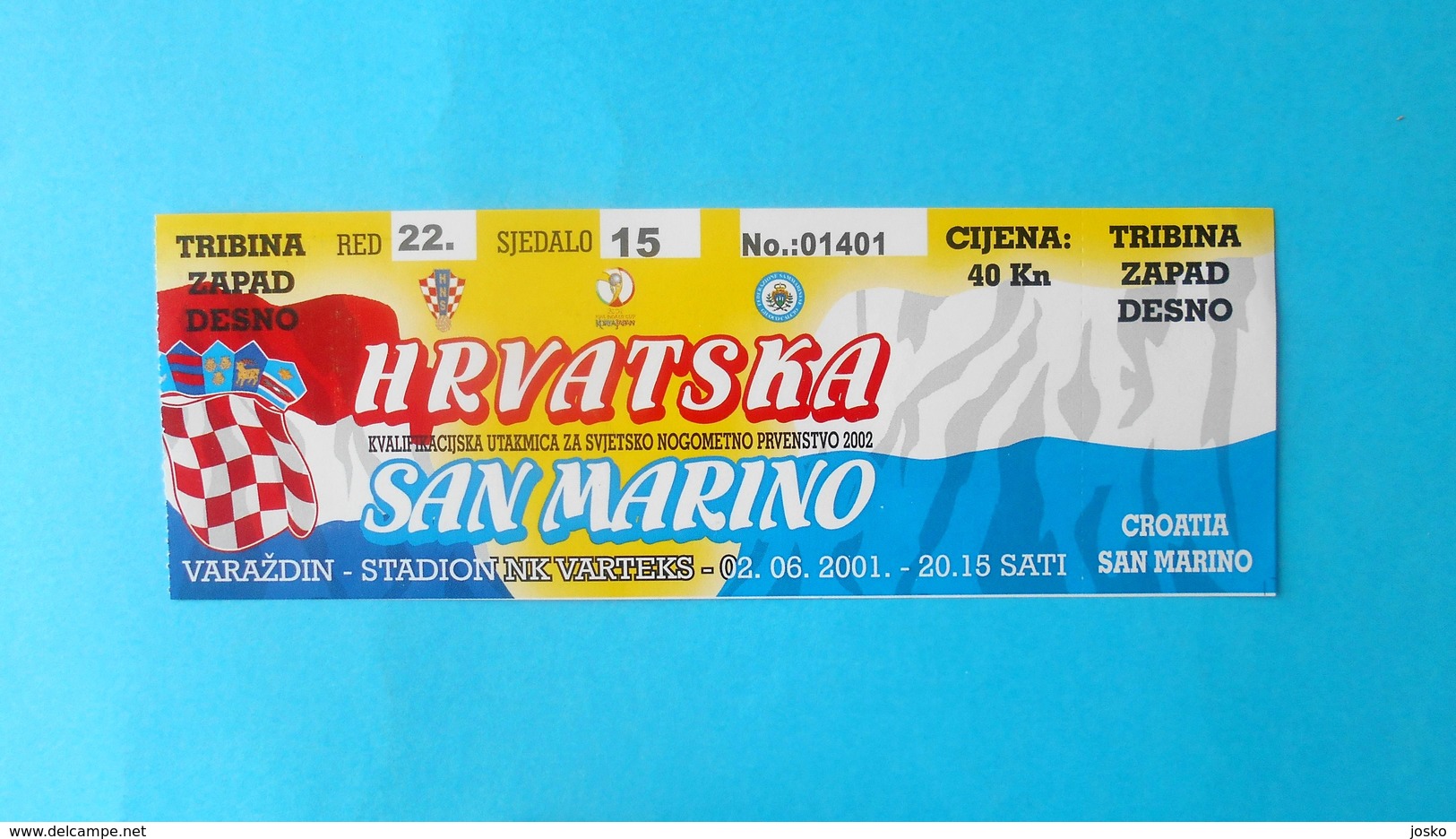 CROATIA V SAN MARINO - 2002 FIFA WORLD CUP Qual. Football Match Ticket * Soccer Fussball Calcio Croazia Kroatien Croatie - Tickets - Entradas