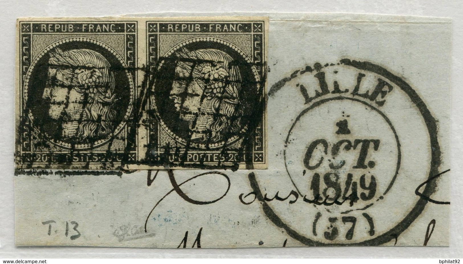 !!! PRIX FIXE : PAIRE DU N°3 SUR FRAGMENT, OBLITERE GRILLE ET CACHET TYPE 13 DE LILLE. SIGNE CALVES - 1849-1850 Ceres