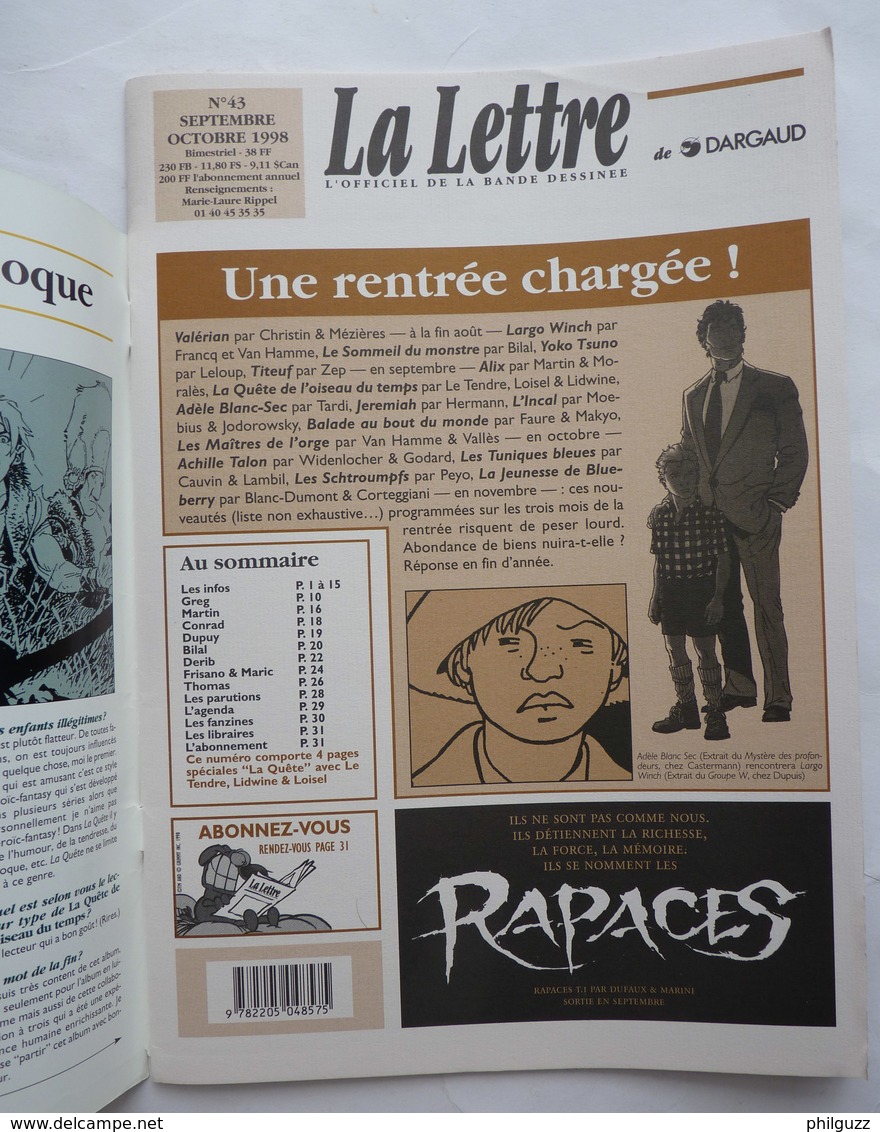 MAGAZINE LA LETTRE DARGAUD N°43 1998 LOISEL GREG MARTIN CONRAD DUPUY BILAL DERIB FRISANO MARIC - Lettre De Dargaud, La