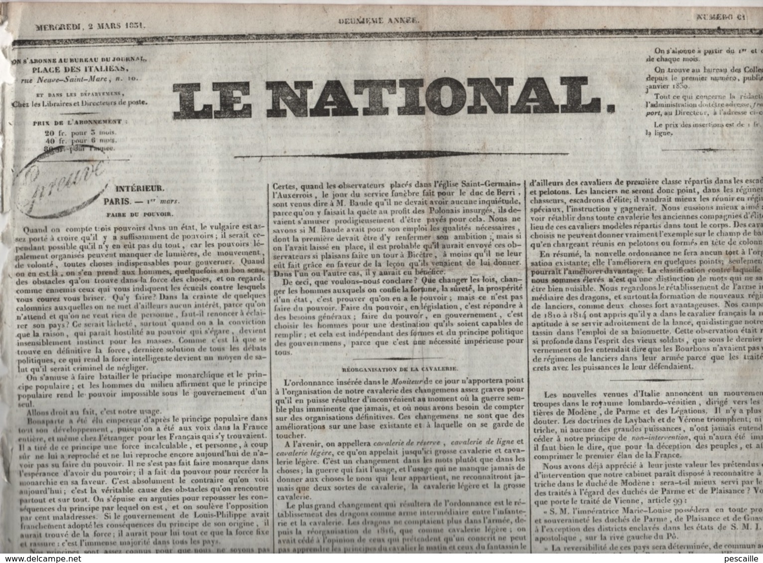 LE NATIONAL 02 03 1831 - POUVOIR - CAVALERIE - MARIE-LOUISE PARME - VARSOVIE - LYON / CHAMBERY - SOUSCRIPTION ITALIE ... - 1800 - 1849