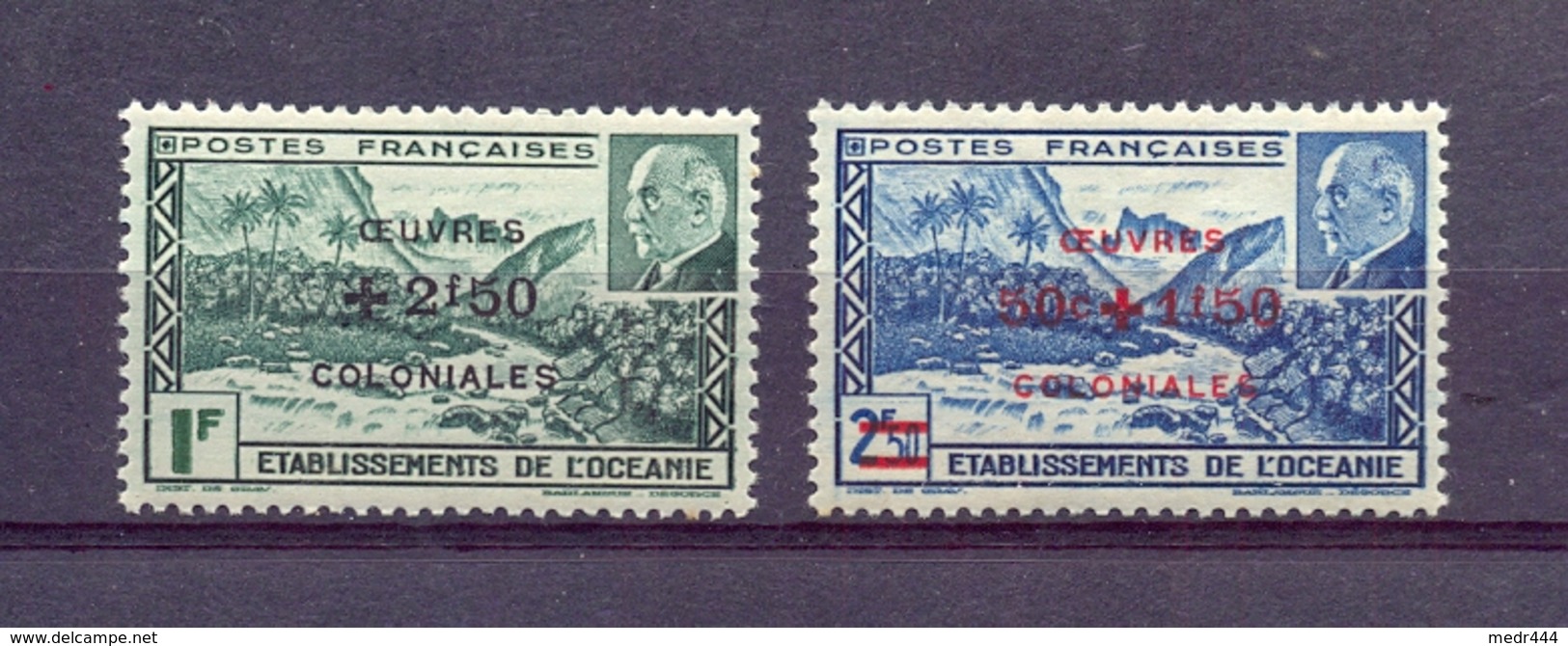 Etablissement De L'Oceanie 1944 - Marshal Philippe Pétain - Stamps 2v - Overprinted "Oeuvres Coloniales" And Surcharged - 1944 Maréchal Pétain, Surchargés – Œuvres Coloniales