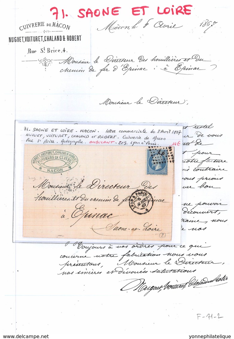 71 - SAONE ET LOIRE - F-71-2 -MACON- Lettre Commerciale De NUGUET,VOITURET,CHALAND&ROBERT -cuivrerie - Généalogie - 1867 - 1800 – 1899