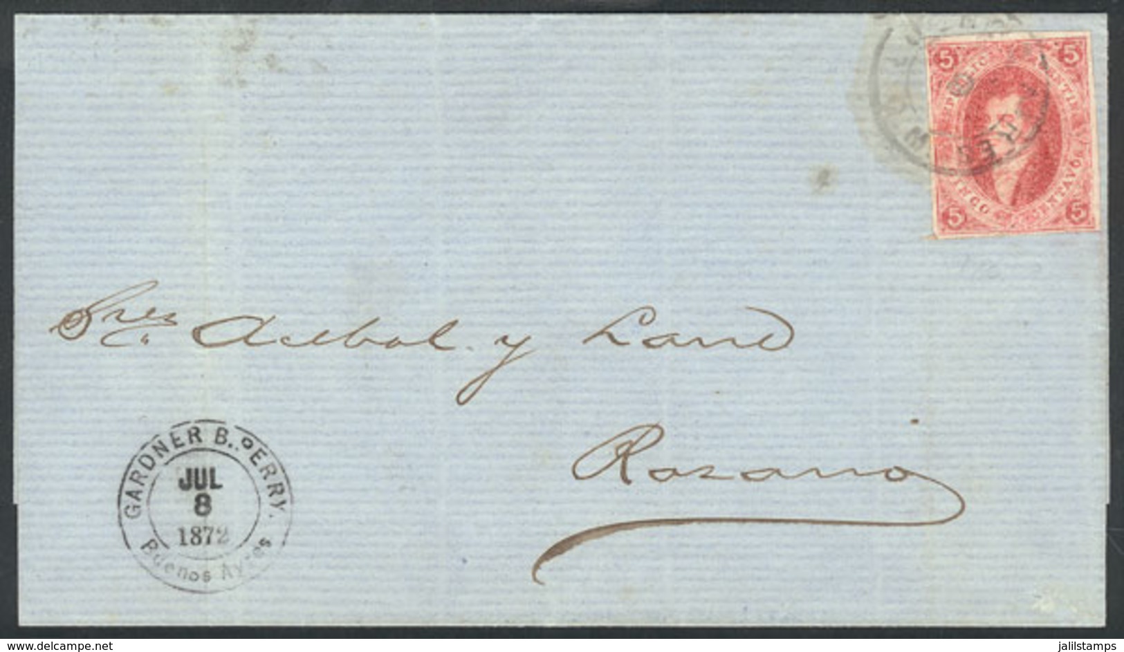 ARGENTINA: Folded Cover Sent To Rosario On 8/JUL/1872, Franked By GJ.34 (8th Printing) In A Nice Light Carminish Rose Co - Covers & Documents