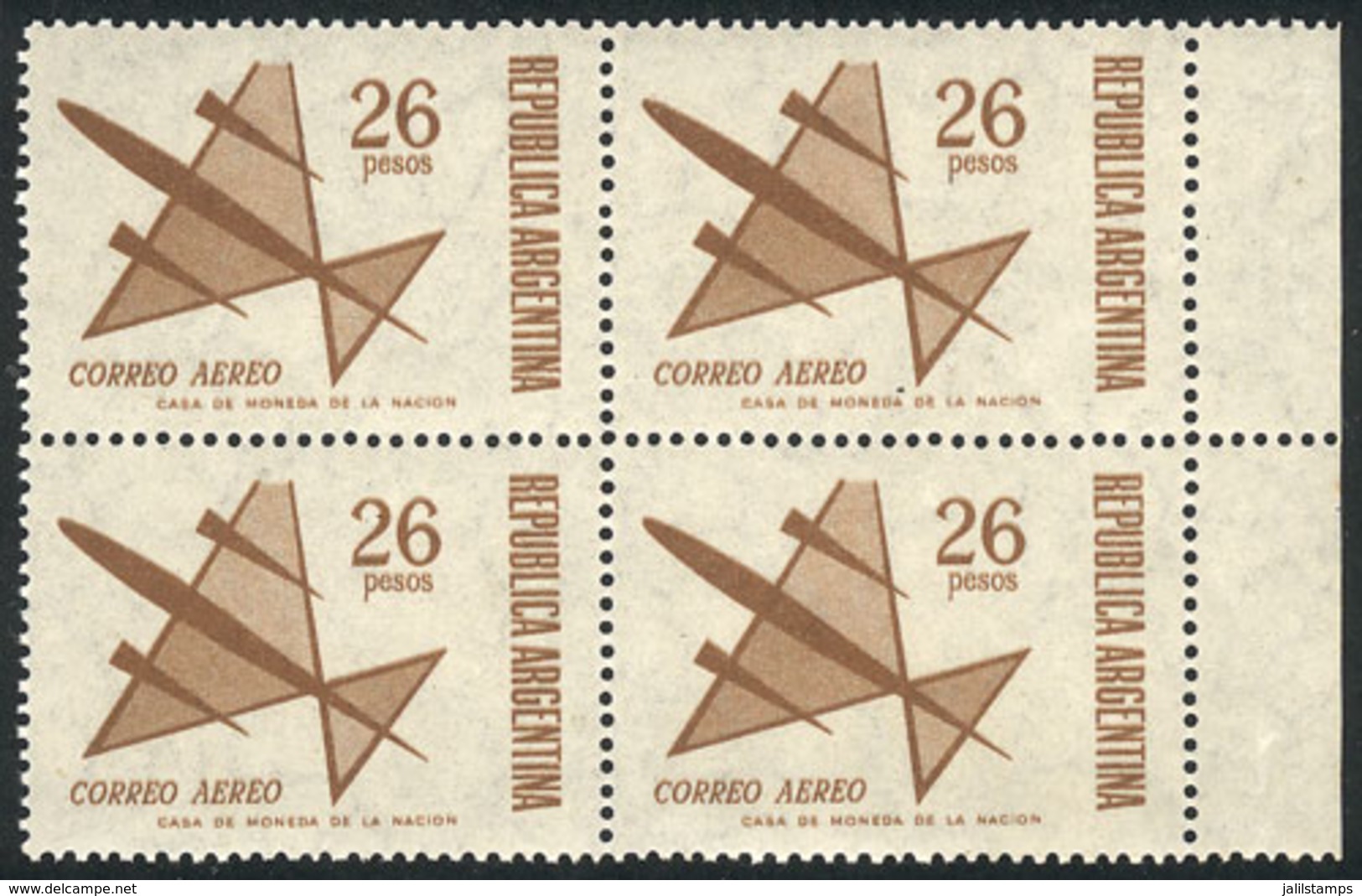 ARGENTINA: GJ.1427, 1967 26P. Stylized Airplane, Block Of 4 Stamps With DOUBLE IMPRESSION, One Faint, Excellent Quality, - Poste Aérienne