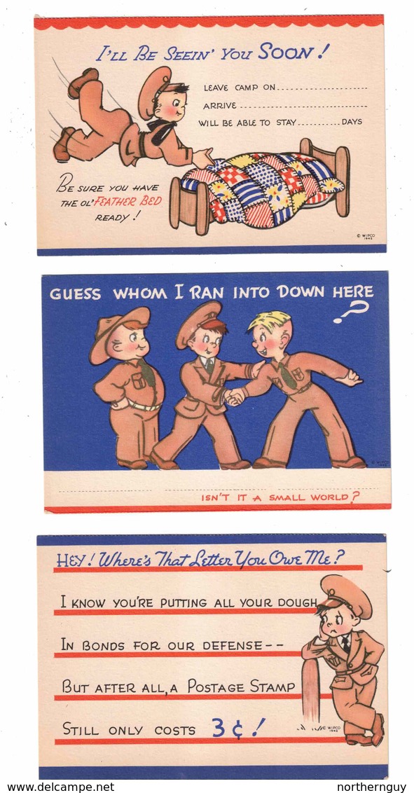 3 Different USA WW II Postcards Sent From Military Personnel, 1942 Postcards - War 1939-45