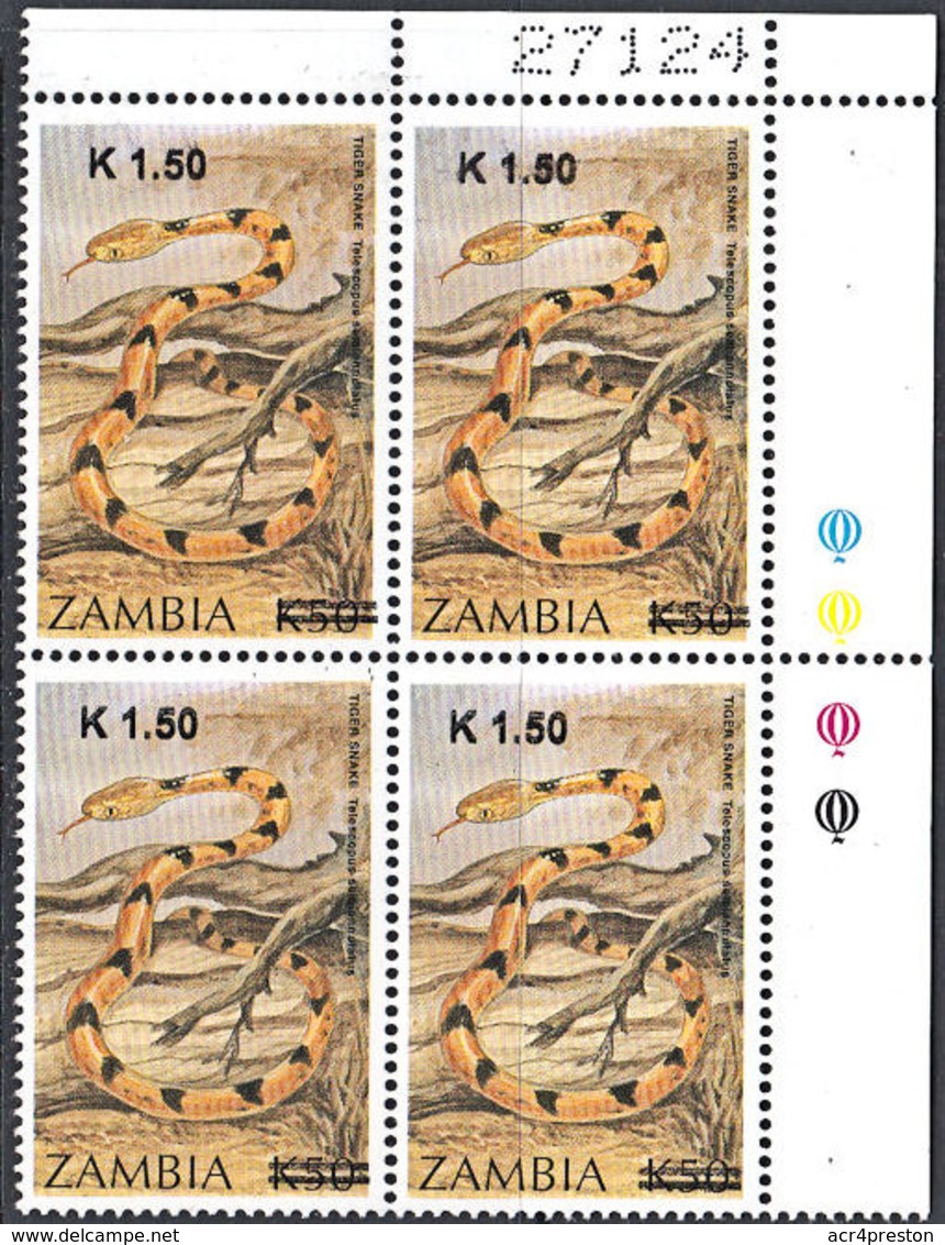 E0279  ZAMBIA 2014, SG 1123 New Currency K1.50 Surcharge On 50k Snakes, MNH Traffic Light Block - Zambia (1965-...)