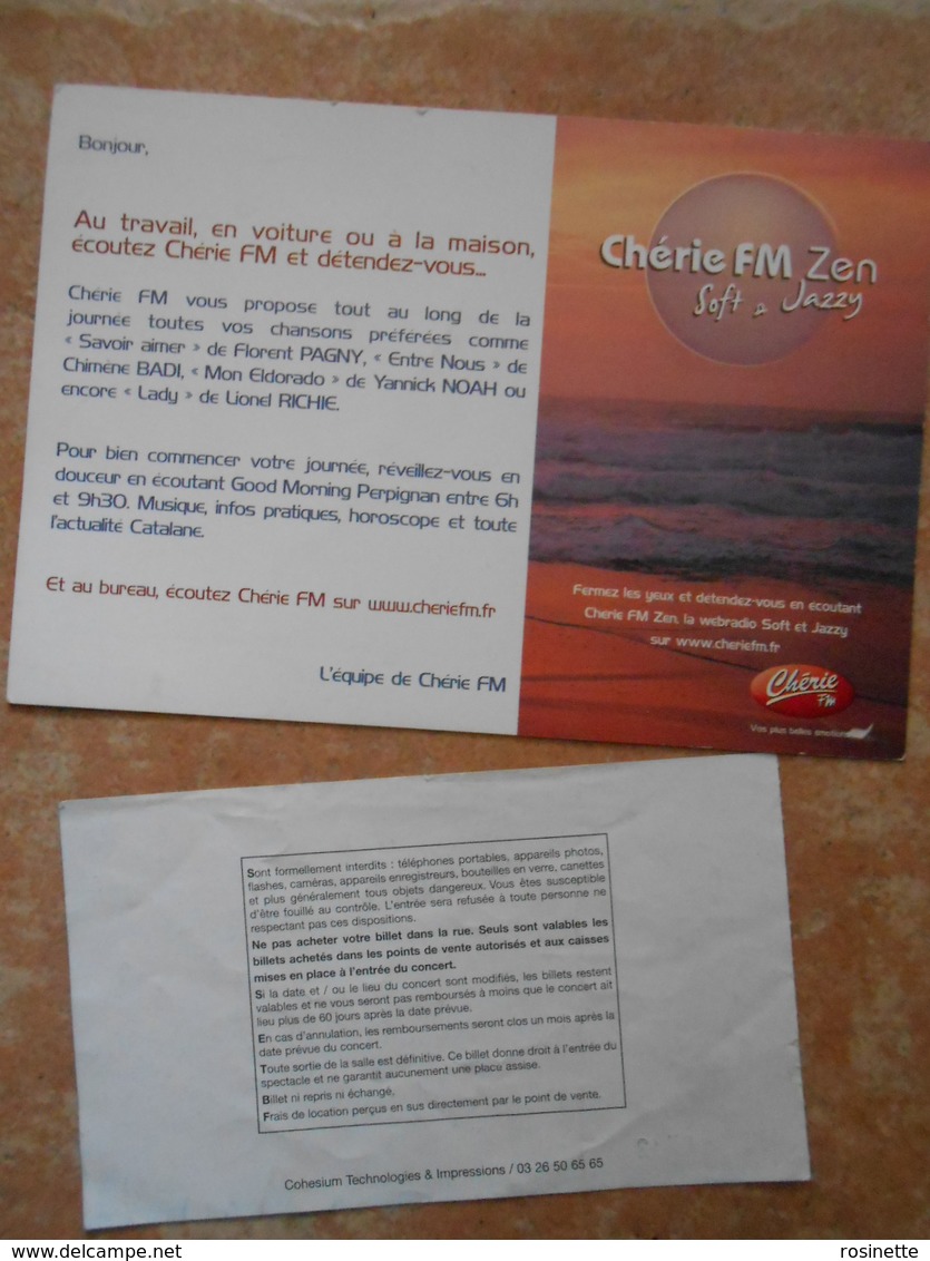 PATRICK BRUEL / TICKET DE CONCERT Perpignan 2006  + Carte CHERIE FM - Konzertkarten