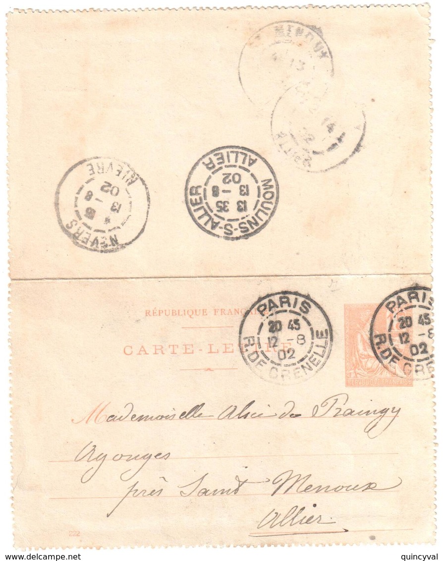 PARIS R De Grenelle Entier Carte Lettre Mouchon 15c Orange Yv 117 CL1 Mil 222 Ob 1902 Dest Agonges Via St Menoux Allier - Letter Cards