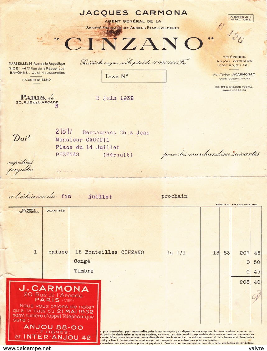 Cinzano - Alcool - Facture 1932  - J.Carmona -  Livraison à Pezenas - 1900 – 1949